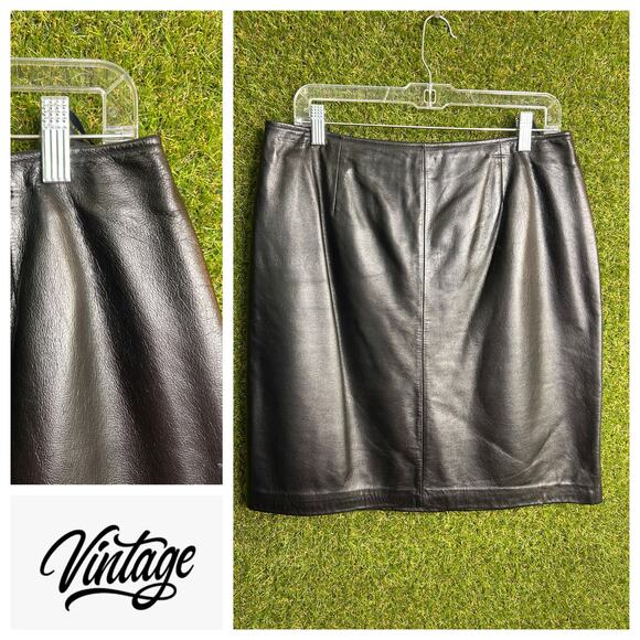Vintage Apostrophe Black Leather Pencil Skirt Lined Back Zip Size 12